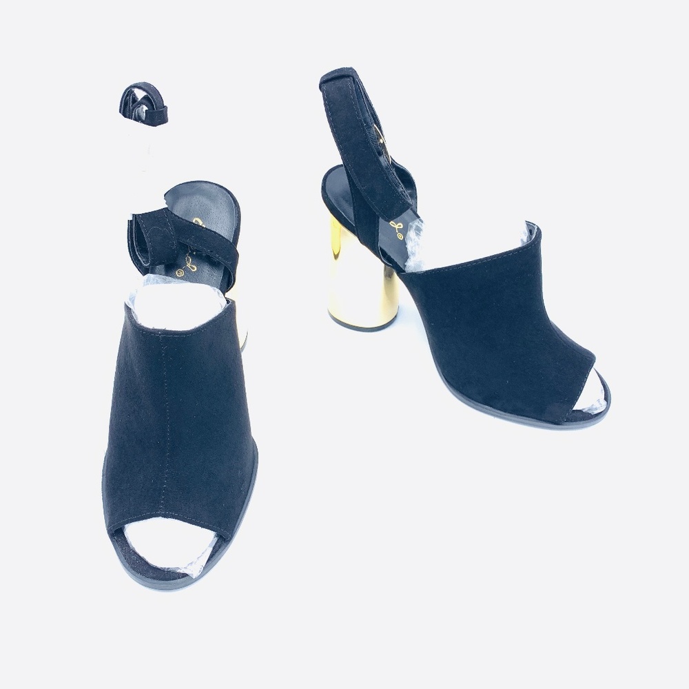 Qupid Black Suede Peep Toe Ankle Strap Mules Sz 8M